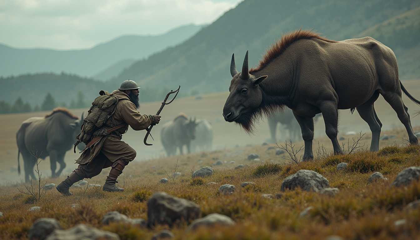 Early 20th Century Hunter in Tense Encounter with Wildebeest Herd