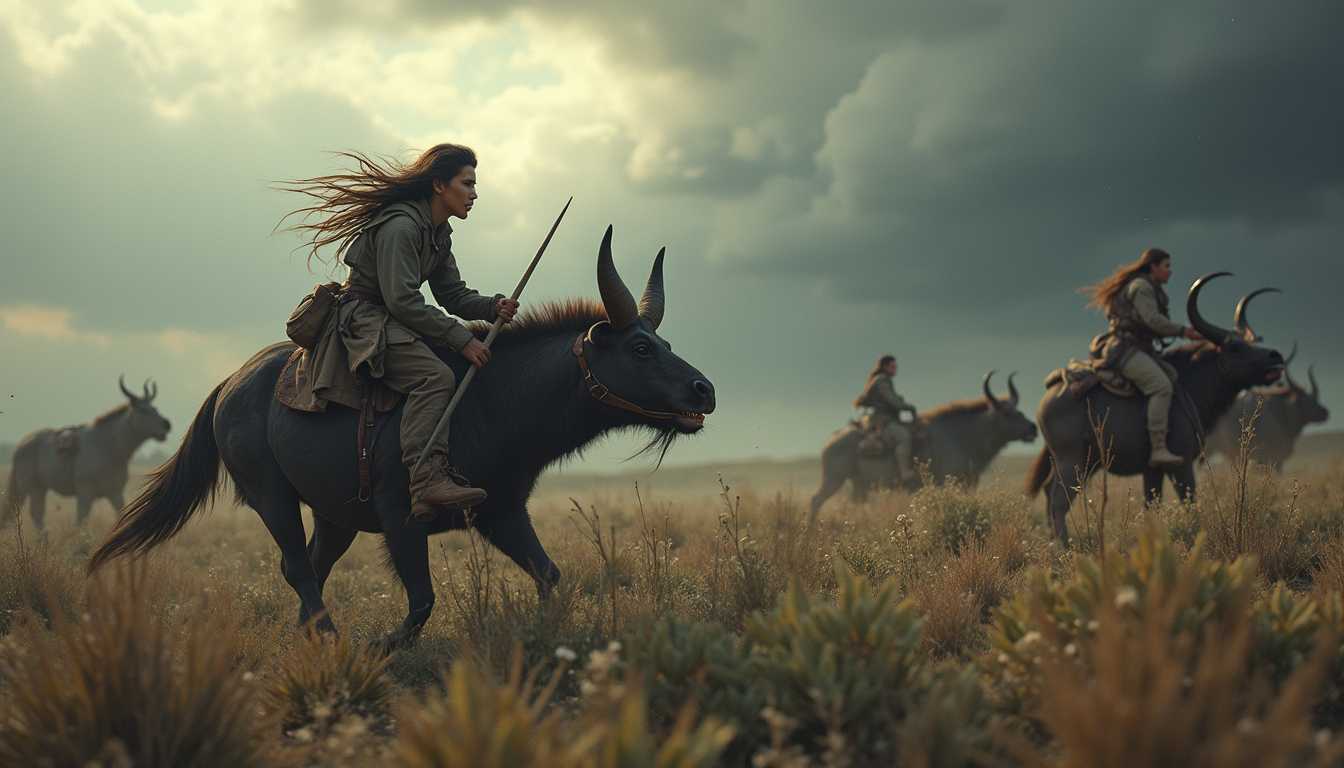 A predator hunting a flok of herbivores in their natural habitat in the Hadean period, dramatic weather