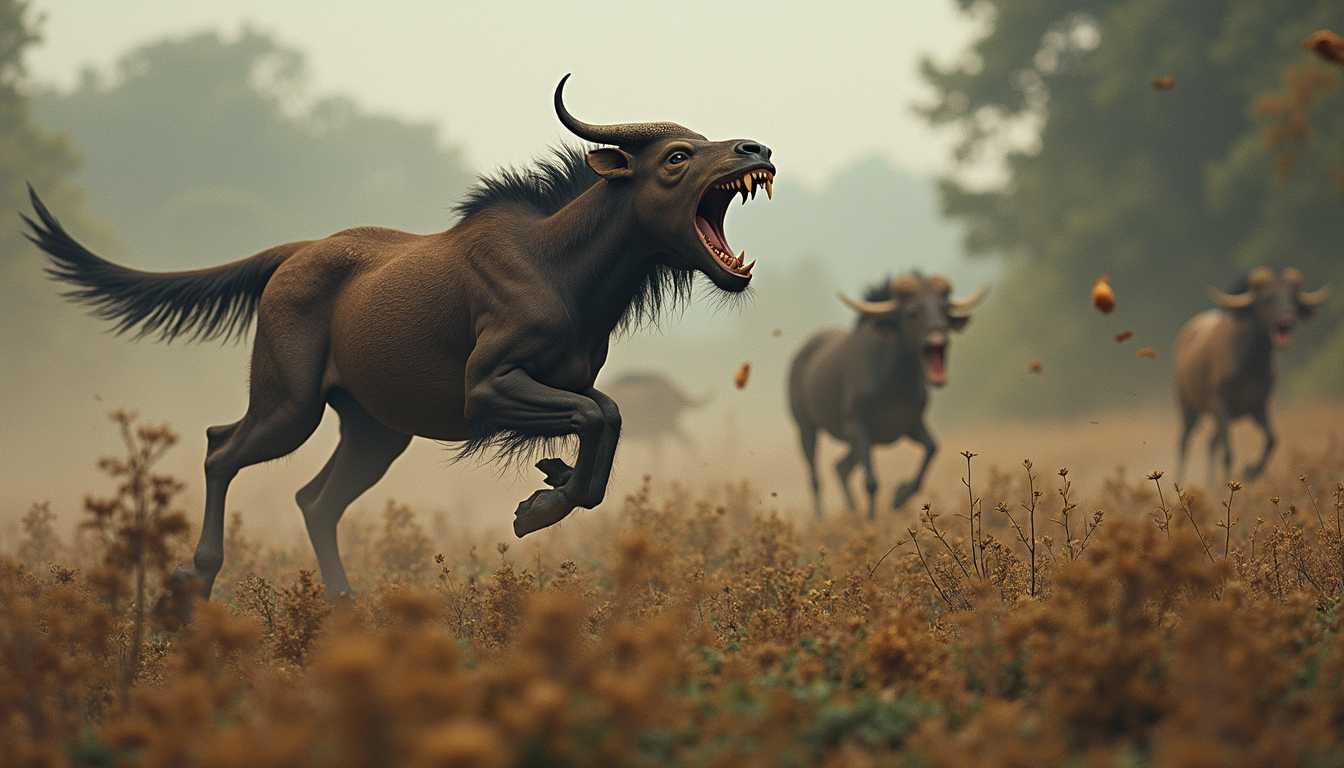 A predator hunting a flok of herbivores in their natural habitat in the Miocene period, dramatic weather
