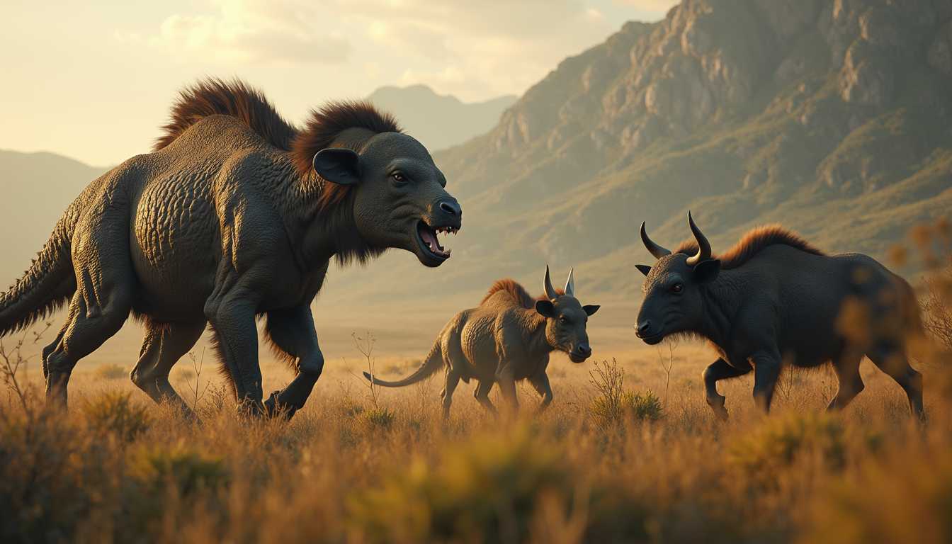 Prehistoric Beast Encounter in a Grassland at Sunset