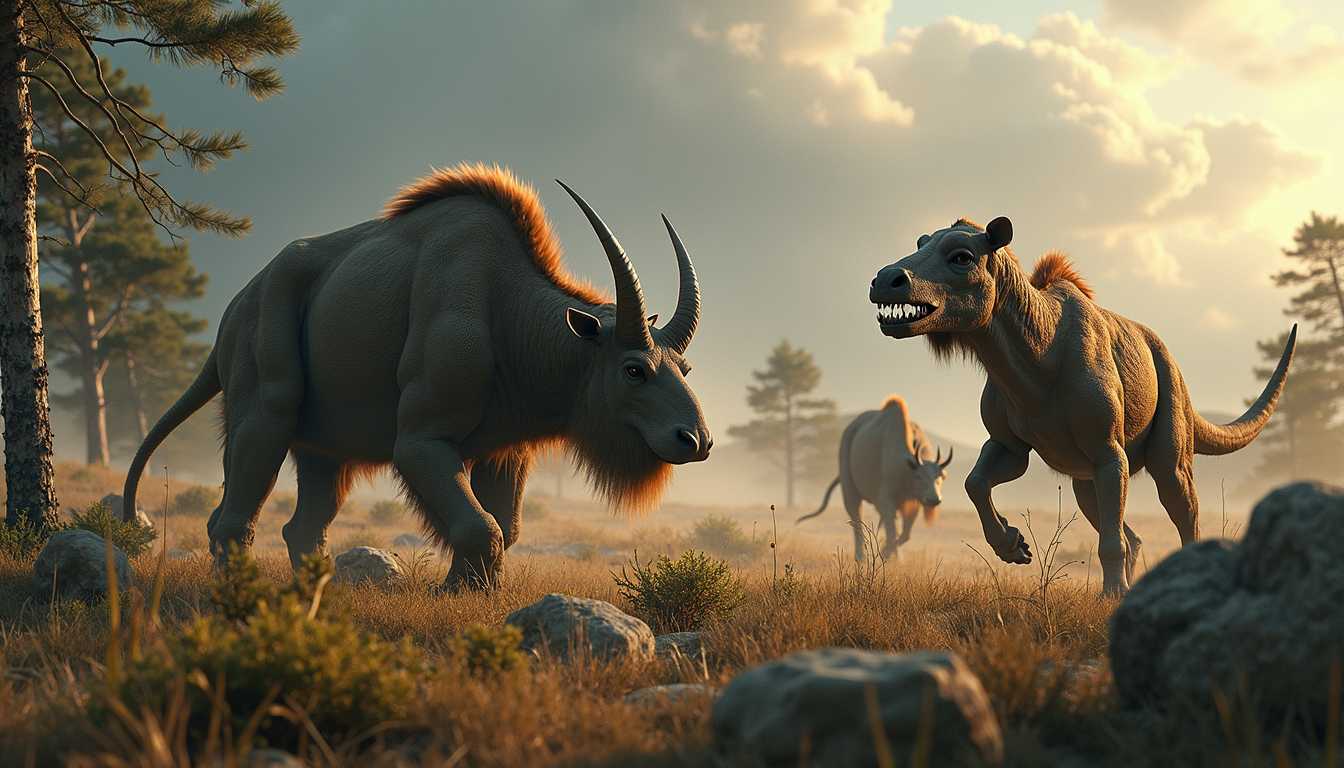 A predator hunting a flok of herbivores in their natural habitat in the Paleogene period, dramatic weather