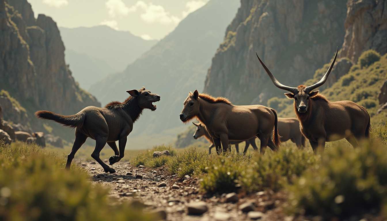 A predator hunting a flok of herbivores in their natural habitat in the Paleogene period, dramatic weather