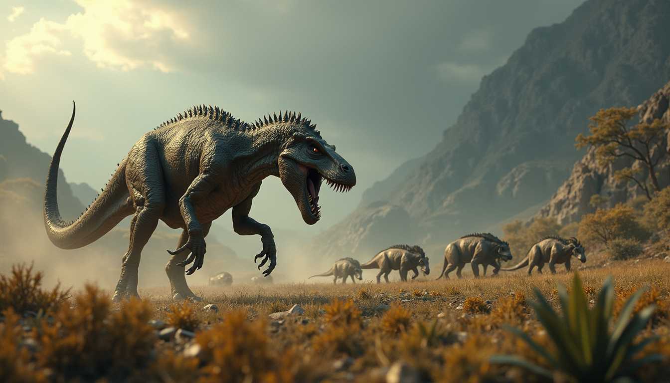 A predator hunting a flok of herbivores in their natural habitat in the Triassic period, dramatic weather