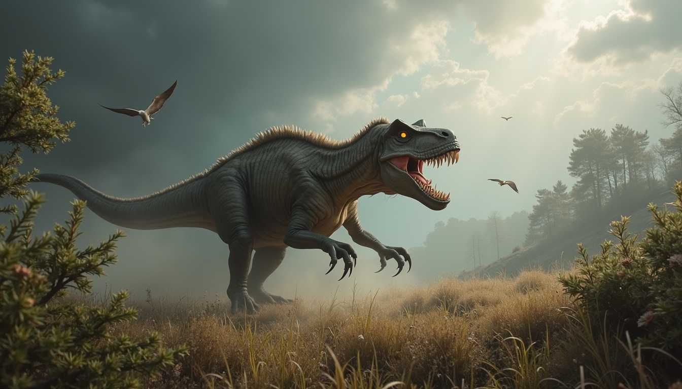 Roaring Theropod in Prehistoric Landscape