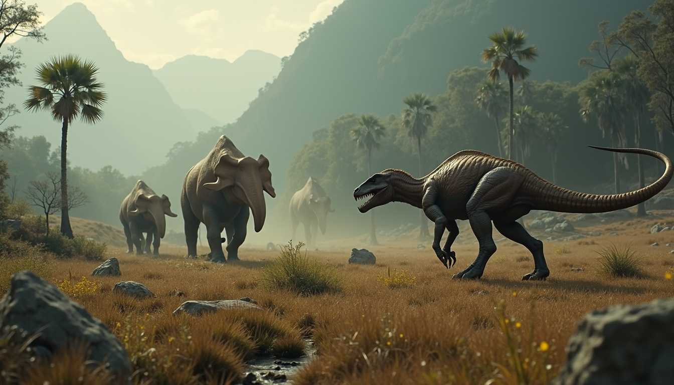 A predator hunting a flok of herbivores in their natural habitat in the Triassic period, dramatic weather