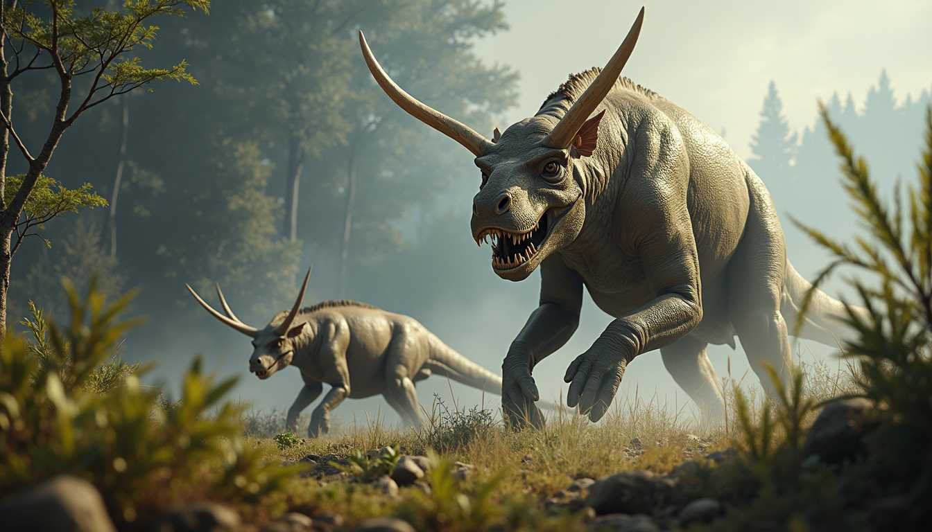 A predator hunting a flok of herbivores in their natural habitat in the Triassic period, dramatic weather