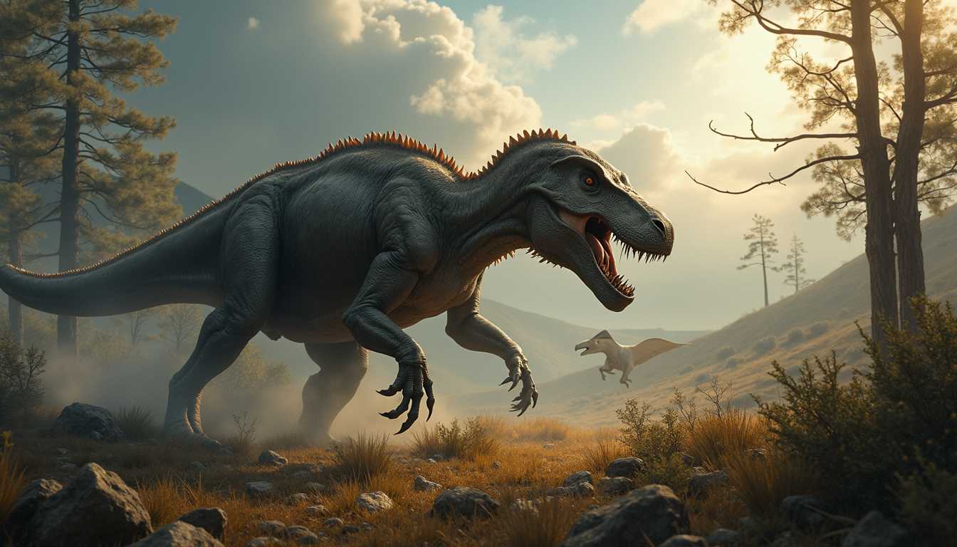 A predator hunting a flok of herbivores in their natural habitat in the Triassic period, dramatic weather