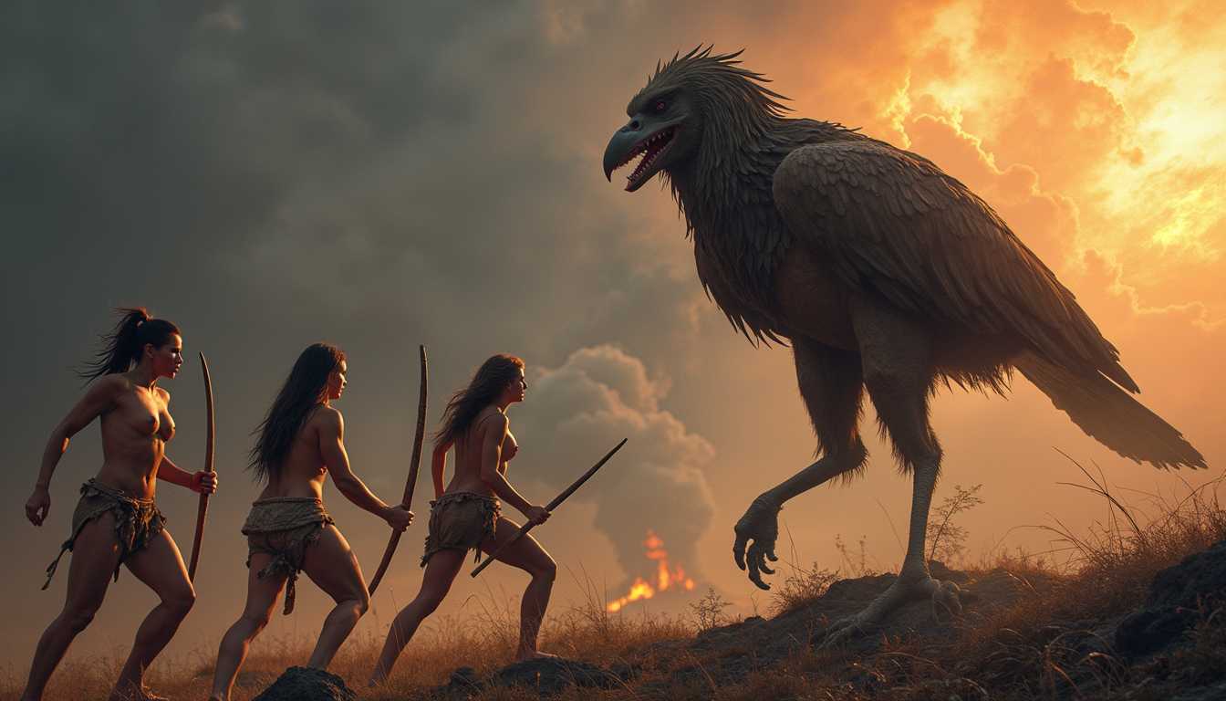 a group of naked Neanderthal female warriors fighting a large predator moa bird, dramatic weather, volcano in background