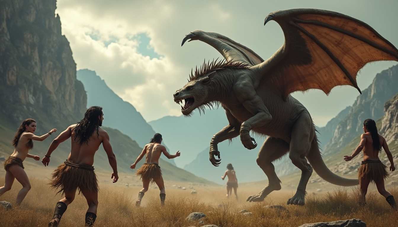 a group of naked Neanderthal female warriors fighting a large Manticore , dramatic weather, tall mountains in background