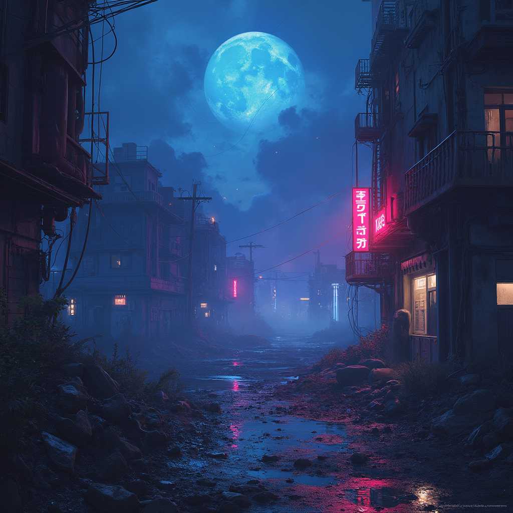Luminous Dystopia
A haunting blend of neon-lit darkness and post-apocalyptic surrealism, where the remnants of civilization meet the eerie glow of an otherworldly future
