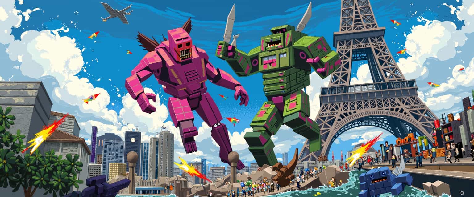 Pixel Kaiju monsters attacking Paris