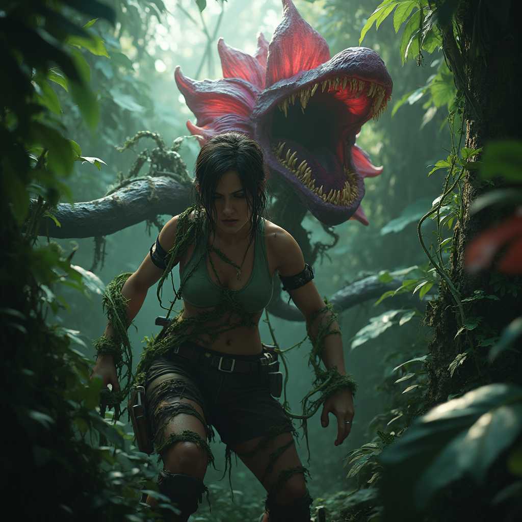 Lora Croft, tomb raider, is trapped by carnivorous vines and flowers in a dense, tropical jungle. The deep green vines are intricately coiled around her arms and legs, their textures rough and fibrous against her skin. Behind her, a massive flower with sharp, menacing teeth opens its mouth wide, its vibrant petals a shocking contrast of blood-red and violet hues. The scene is illuminated by dappled sunlight filtering through the thick canopy overhead, casting dramatic shadows on Lora's determined face.   She is fighting the vines, and her face is contorted with the effort to free herself

In this dynamic composition, Lora is positioned centrally, her body slightly turned as she struggles against the restraints. The camera angle is low, enhancing the sense of entrapment and danger. The jungle is lush, with rich, emerald foliage and exotic plants adding layers of depth to the background. The air feels humid, almost palpable, and the overall atmosphere is tense and foreboding.

Artistic style: Hyper-realistic with cinematic lighting, capturing both the vivid details of the jungle environment and the intensity of the moment. The image aims to blend elements of adventure and horror, resulting in a visually striking and emotionally charged scene.