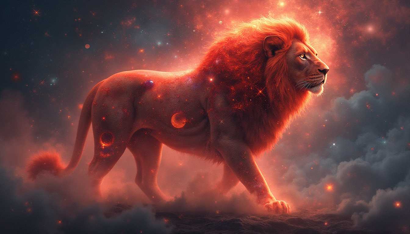 A captivating digital painting featuring a celestial red lion with a mesmerizing cosmic design. The lion's lustrous fur is abreathtaking blend of stars, nebulae, and clouds, creating a celestial pattern that dances across its sleek body. Its radiant eyes hold the power of the cosmos, captivating the viewer with their intense, otherworldly gaze. The lion's neck is adorned with an intricate nebula-inspired pattern, while a celestial mist surrounds its ethereal form. The image masterfully conveys a mystical and cosmic atmosphere, showcasing the harmonious fusion of terrestrial and cosmic energies within the celestial feline subject.
