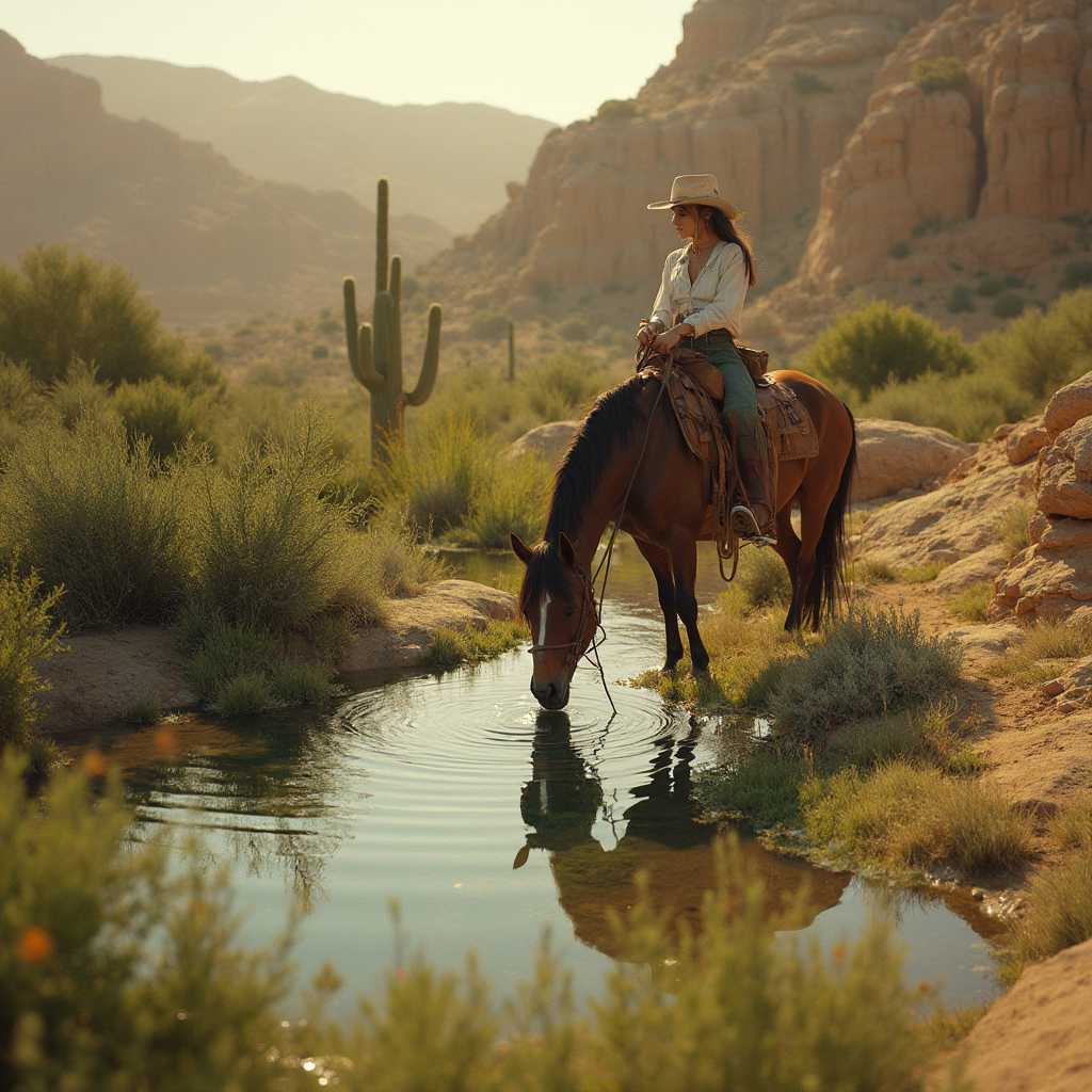 high quality photograph of a cowgirl at an oasis in the desert, drinking water from a small pond, lighting is hot but the oasis is lush and green