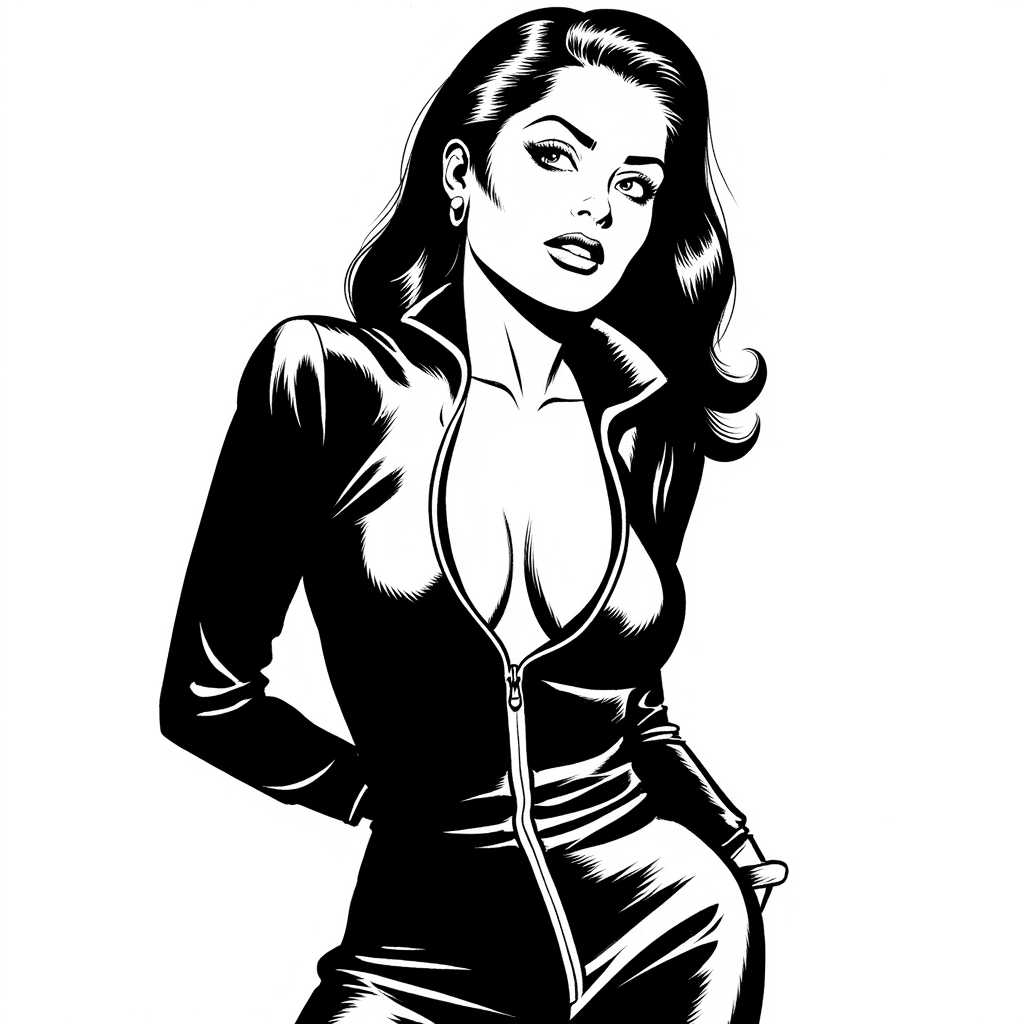 An illustration in the style of BWcomix featuring Salma Hayek wearing a shiny black leather jumpsuit, unzipped to reveal cleavage. She has a sultry, alluring look. The scene is rendered in high contrast dramatic lighting, with sharp shadows and bright highlights to enhance the texture and sheen of the leather. The artwork is characterized by comic inked lines and strokes, emphasizing contours and details. An intimate, close-up composition with a slightly low camera angle captures her confident and seductive pose. The background is minimalistic to keep the focus on Salma, creating a striking and enticing atmosphere. No signature. Empty white background