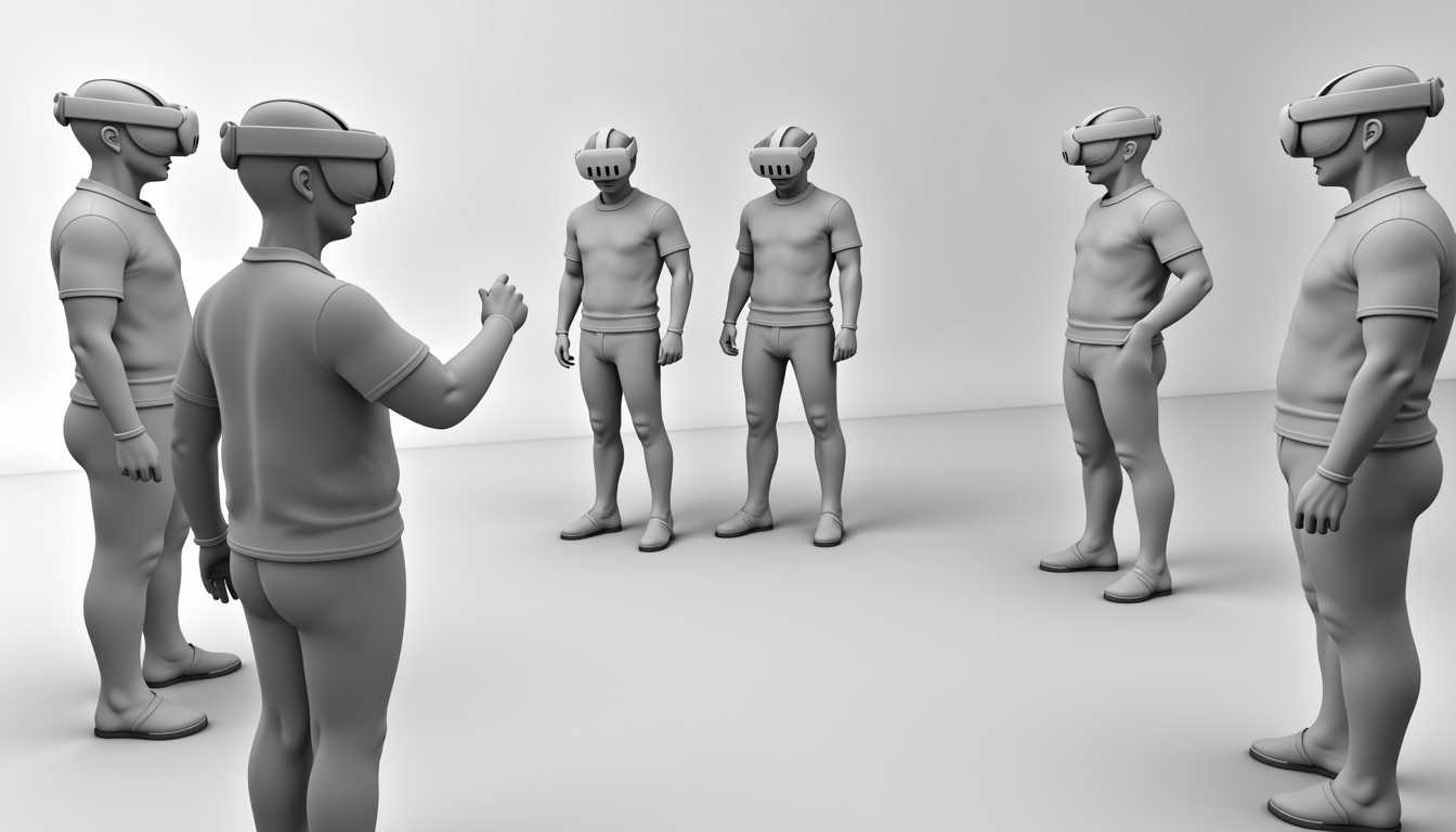 un groupe de personne regarde une maquette d'architecte en réalité mixte, chaque personne porte un casque VR blanc. La maquette s'affiche en 3D au centre du groupe sous forme d'un objet 3D comme dans sketchup