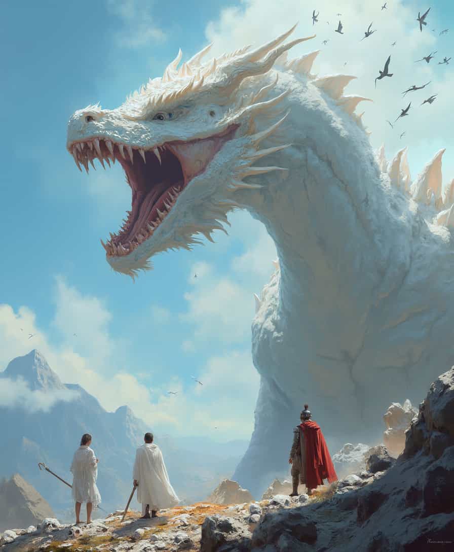 Create a digital painting that depicts a fantastical scene with the following elements1. A colossal, ancient white dragon with intricate scales and textures, towering over a rugged landscape.2. The dragons mouth wide open, revealing rows of sharp teeth and a glimpse of its inner jaw.3. Two human figures standing on rocky terrain, dwarfed by the dragons size. The figure on the left is wearing a flowing white robe and holds a staff, while the figure on the right is clad in a red cloak and armor.4. A flock of birds flying in the sky above the dragon.5. The background features a vast, blue sky with wispy clouds and a distant mountain range.6. Skulls scattered on the ground, suggesting a battlefield or a place of significance.7. The overall atmosphere should be one of awe and mystery, with a touch of melancholy or solemnity.The style of the painting should be high fantasy, with attention to detail and a cinematic quality. The lighting should be dynamic, with highlights and shadows that give depth to the scene. The color palette should be rich and vibrant, with a contrast between the cool tones of the dragon and the warm colors of the human figures and the red cloak.