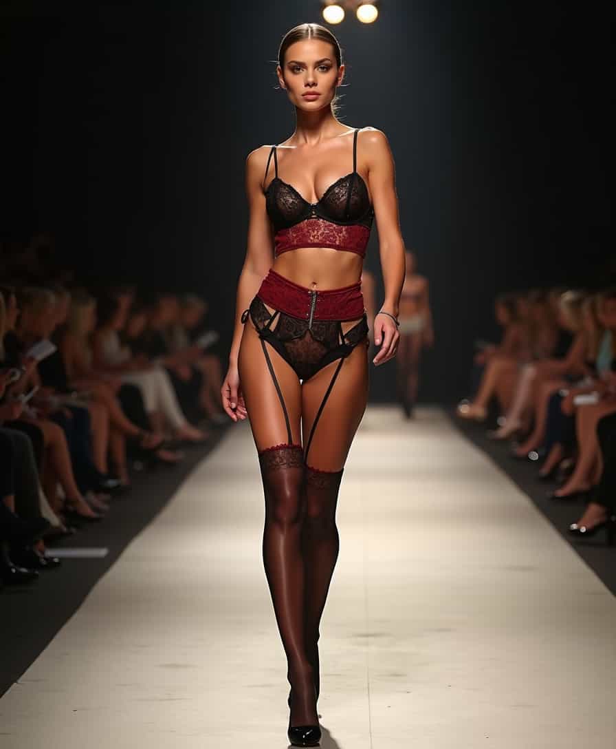 An 8k professional quality photograph of a single woman on a fashion show runway wearing a garter belt, stockings, and a bra. Satin and lace materials with intricate embroidery. High fashion style inspired by renowned designers. Pose: confidently walking down the runway, one hand on hip, the other slightly swinging. Textures: smooth satin, delicate lace, sheer stockings. Perspective: front-facing, full-body shot. Background: blurred audience and runway lights. Sharpness: ultra-sharp focus on the model. Extra details: subtle makeup, elegant hairstyle, high heels. Shade and color: black and deep red lingerie, neutral runway. Lighting: bright runway lights with soft shadows on the model. Negative: blurry, pixelated, casual, low-quality, crowded, messy, dark, overexposed, underexposed, unflattering, unprofessional, plain, simple, dull, unstyled, unfocused, chaotic, grainy, noisy, cluttered, distorted, unbalanced, unrefined, harsh, washed-out, flat, bland.