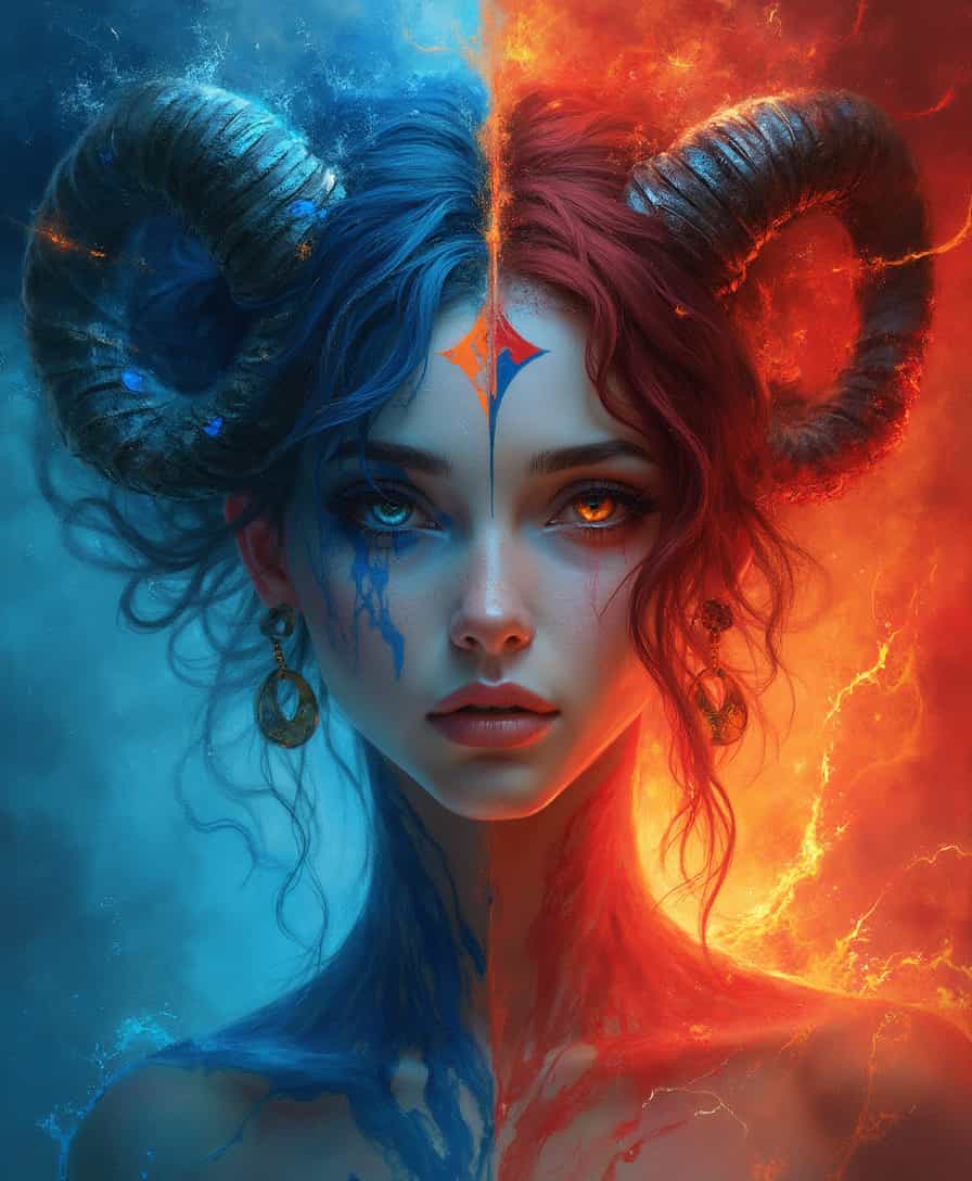 A portrait of a woman with horns, split into two contrasting halves. One side embodies the essence of Blue Mana, featuring cool tones of blue with flowing water-like patterns, arcane symbols, and an expression of calm intellect. The other side represents the fiery intensity of Red Mana, with vivid red hues, flame-like designs, and a fierce, passionate expression. The background is divided into serene blue and fiery red, enhancing the contrast between the two halves. The overall style is edgy and artistic, blending elements of fantasy and Magic: The Gathering's iconic mana themes.