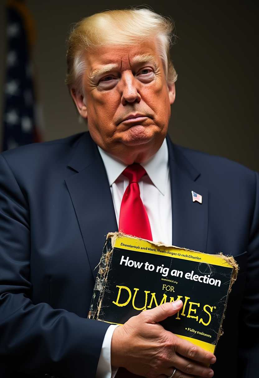 Donal Trump, holding a worn "For Dummies" book, with the title:"How to rig an election", against his chest.
