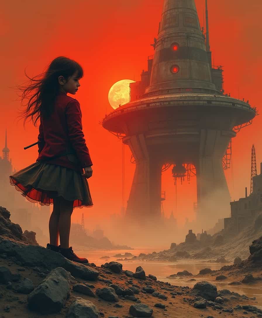  High contrast artwork, brutalism, a little girl in post-apocalyptic world. Dystopian spaceship in the background, gritty, dirty, crimson sunset, cinematic . full body shot, dynamic , dramatic lighting, comic-style, fiction , front page cover, pulp novel art, weathered & faded, style of Charles Coll & Frank Frazetta style. 