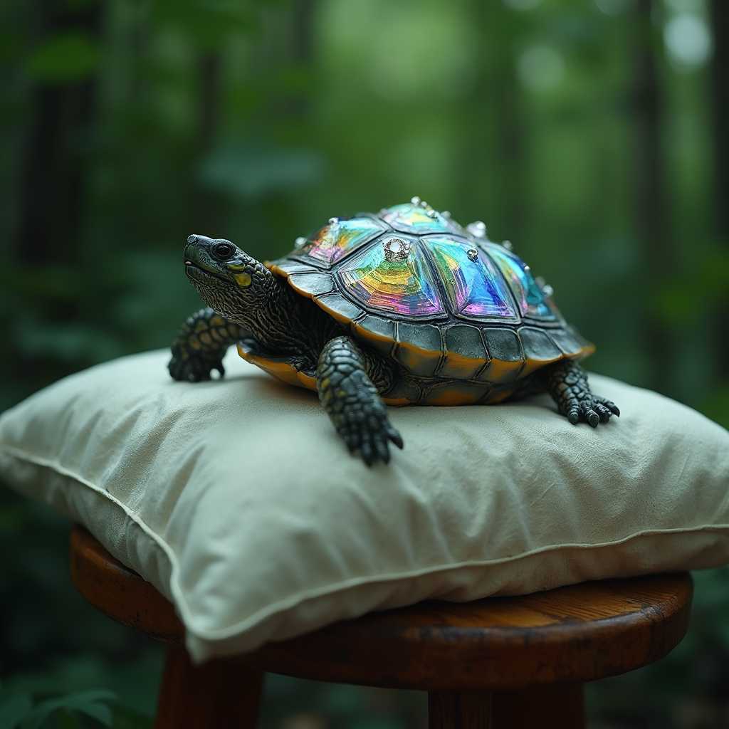 A cinematic photo of a turtle with a diamond crystal shell standing on a king pillow. The turtle has a shiny, iridescent shell withembedded diamond crystals. The pillow is placed on a wooden stand. The background is blurred and contains a lush green forest. The lighting is soft.