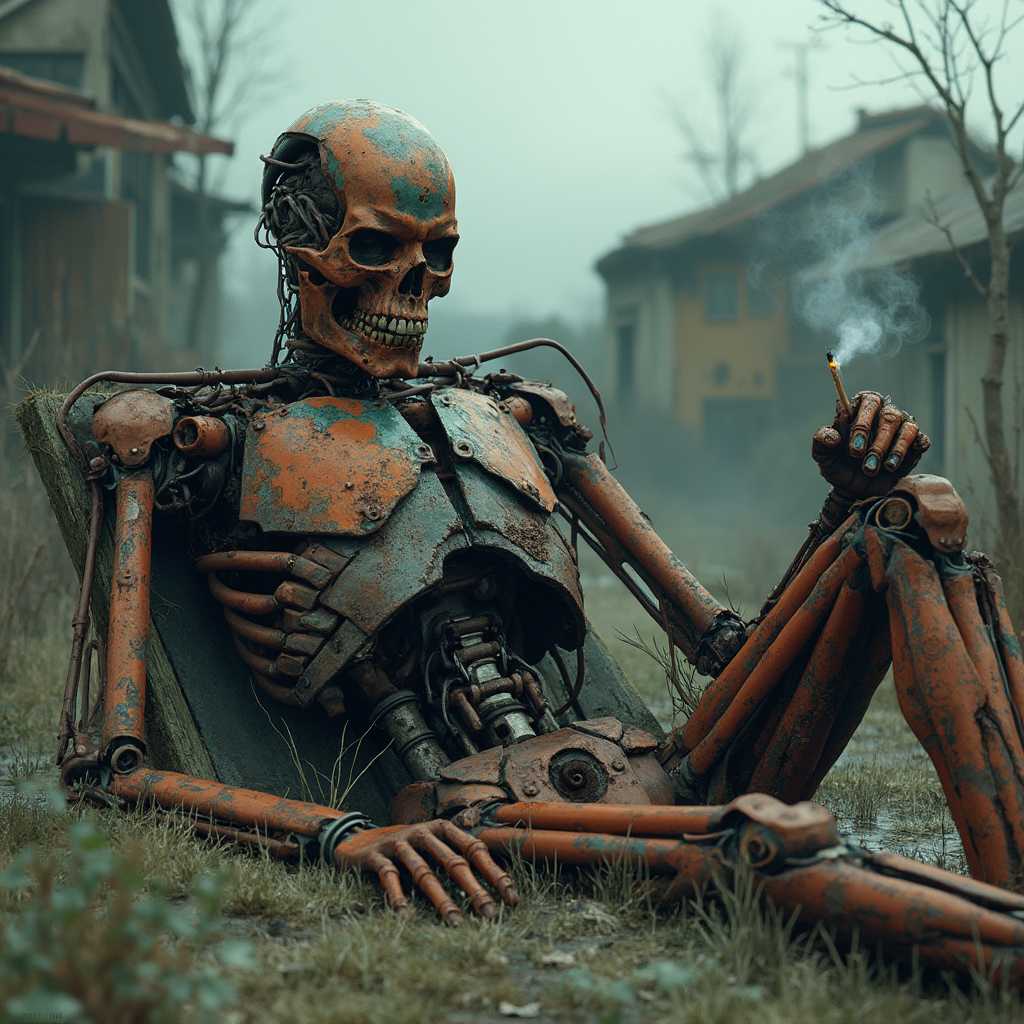 A highly detailed illustration of a rusty, weathered Terminator lying in a backyard, taking a break to smoke a cigarette. TheTerminator's metal endoskeleton is visible through the worn-out layers of paint and rust. The background is overcast and moody, with a cinematic feel that enhances the atmosphere of the scene. The illustration captures the fragility and decay of this once-powerful machine., illustration, cinematic