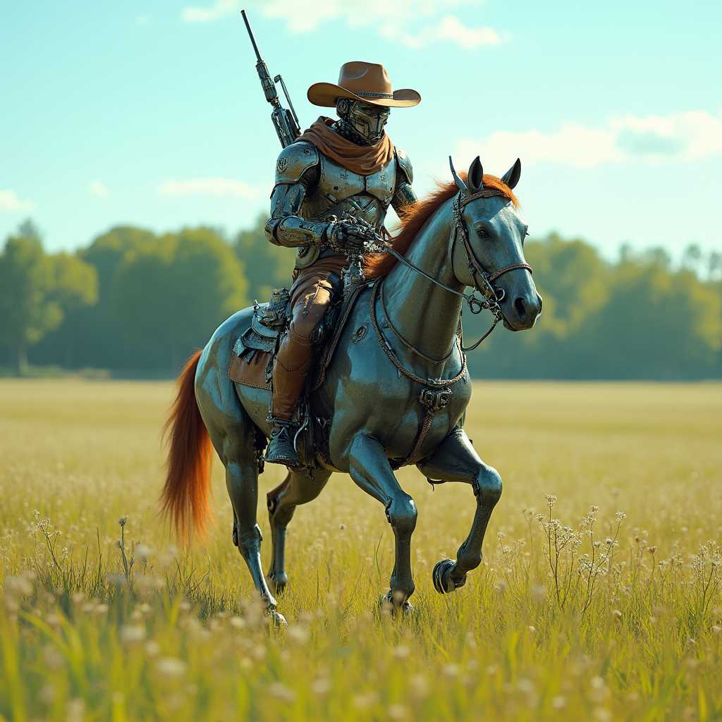 A hyper-realistic image of a robot cowboy wearing a weathered brown leather cowboy hat with metallic accents, riding on a sleek, futuristic robot horse. The robot cowboy, adorned in rugged, metallic attire with intricate circuitry patterns, carries a high-tech hunting rifle in one hand, showcasing its mechanical joints and advanced design. The scene is set in a vast open field with vibrant green grass and wildflowers, under a clear blue sky. In the distance, a line of tall, lush trees with varying shades of green mark the horizon. The sunlight bathes the scene in a warm, golden hue, casting long shadows and enhancing the intricate details of both the robot and the horse. The overall atmosphere is a blend of the Wild West and advanced technology, creating a unique fusion of traditional and futuristic elements. The perspective is a slightly low angle shot, capturing both the majestic stance of the robot cowboy and the expanse of the landscape behind.