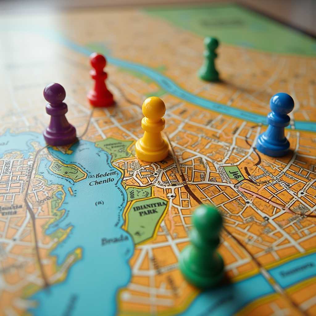 A high-resolution close-up of an intricate and realistic board game, featuring a geographically accurate map of São Paulo, Brazil. The map is meticulously divided into the city's boroughs, each clearly marked and labeled with precise borders. Streets, rivers, and prominent landmarks such as Ibirapuera Park and Paulista Avenue are vividly depicted, adding to the map's authenticity. On top of this detailed map, colorful meeples in five distinct shades (red, blue, green, yellow, and purple) are strategically placed within various boroughs, indicating different players' positions.

The artistic style is hyper-realistic, with vibrant, high-contrast colors that make the map instantly recognizable as São Paulo. The texture of the game board shows minute details, from tiny street names to the texture of the paper. Lighting is bright and even, emphasizing the fine details and enhancing the vivid colors of the meeples and the map. The camera angle is a close-up top-down view, providing a clear and engaging overview of the game layout. The mood is playful yet intense, capturing the strategic nature of the game. The overall atmosphere is lively and inviting, making you feel as if you are about to make your next move on this beautifully crafted game board.