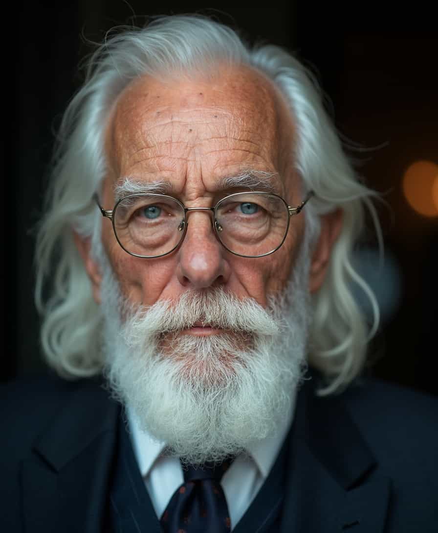 RAW Photo of 70 years old Donald Sutherland, long white hair, white beard, wearing glasses and an elegant man's suit, intrinsic detailed skin texture, skin pores, wrinkles, some age spots, clear ice blue eyes, detailed iris texture, soft lightning, plane dark background, bokeh, film grain, analog camera, 