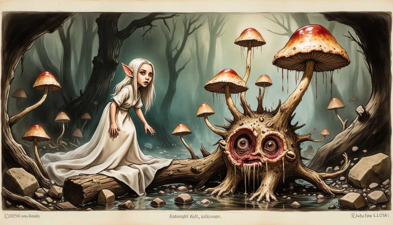 a Funky Annotated Etching, , in the style of galiya, , in the style of galiya, , an illustration of SBWS,a trapped helpless fantasy elf with fear in her eyes and blood on her dress struggling on carnivorous mushrooms; Hydnellum peckii devouring a decomposing wooden log gloomy and wet, art by Julie Bell and Brom. white rice paper