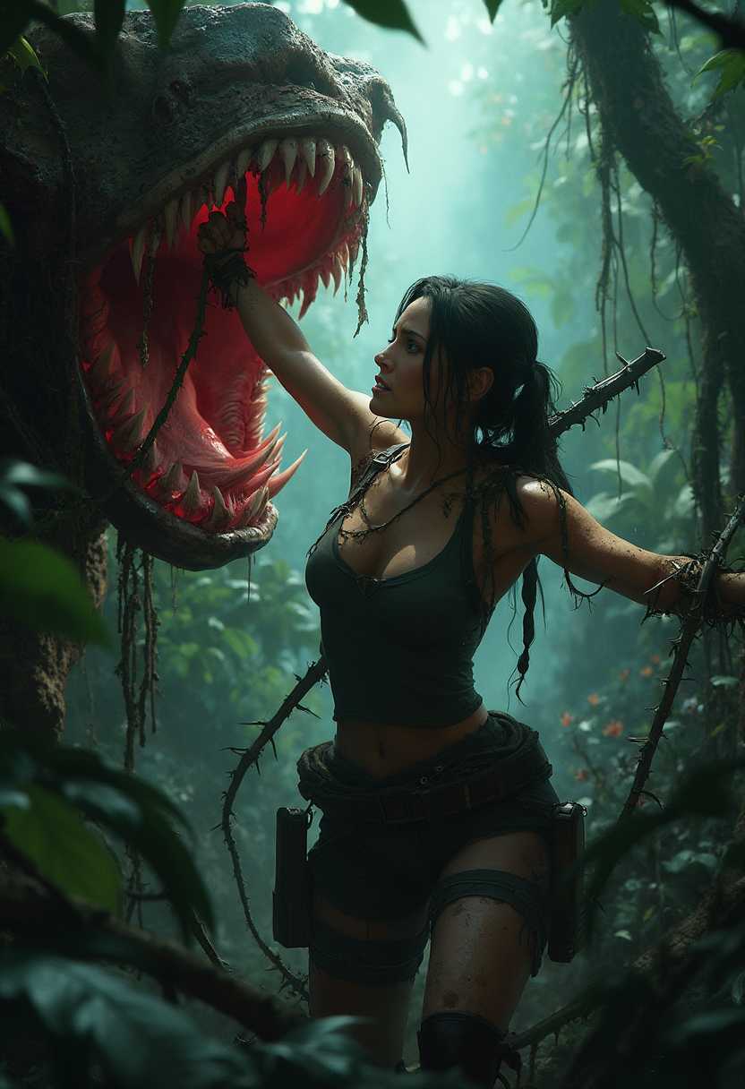 Lara Croft, Tomb Raider, is captured by a sinister carnivorous plant in an ancient, overgrown jungle at dusk. She struggles fiercely as thorny vines ensnare her arms and legs, with additional vines coiling tightly around her torso. The scene is bathed in the eerie, dim light of a fading sunset, casting ominous shadows and highlighting the glistening, wet surfaces of the plant and Lara's determined expression. The camera is positioned slightly below eye level, giving a dramatic angle that emphasizes Lara's plight and the looming danger. 

To her left, a massive carnivorous flower with crimson petals lined with sharp, white teeth and a grotesquely large, dripping tongue is poised to consume her. The flower's vibrant colors starkly contrast with the dark, tangled greenery, enhancing the horror of the scene. Lara wears her iconic adventurer outfit, now torn and dirtied, her face showing a mix of defiance and desperation. The overall atmosphere is tense, with the encroaching twilight and thick jungle foliage creating a claustrophobic feel, while the distant calls of unseen wildlife add to the sense of imminent danger.

In the style of detailed, hyper-realistic digital art, with an emphasis on strong, dramatic lighting and intricate textures