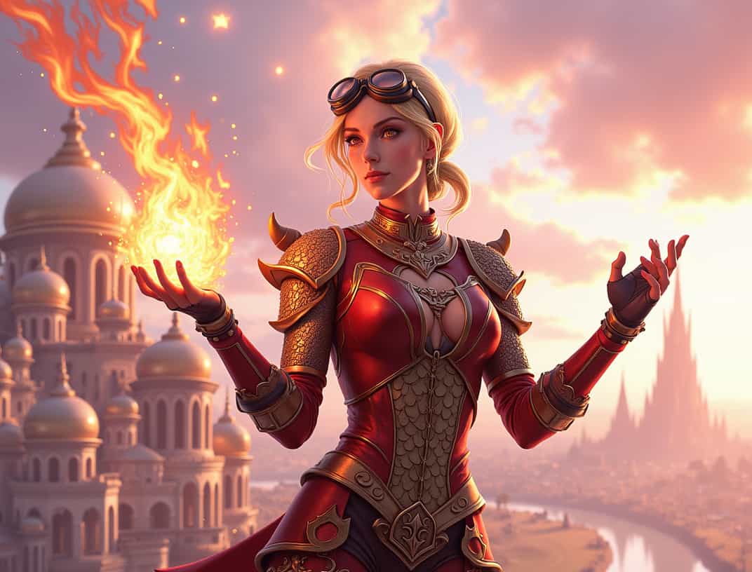 Create an artwork featuring a central female figure with a commanding presence, standing in front of a fantastical cityscape. The figure should be a human female with blonde hair, dressed in ornate, red and gold armor with intricate designs, suggesting a high rank or status. Her armor is detailed with scales and metal plates, and she has a pair of goggles resting on her forehead. She is conjuring flames with her right hand, which are swirling and dynamic, with sparks flying off. Her left hand is open, palm up, as if she is either channeling the flames or preparing to cast a spell. The flames should have a realistic quality, with varying shades of orange and yellow, and should be set against the backdrop of the city.The city behind her is a fantastical amalgamation of various architectural styles, with domes, spires, and intricate buildings that suggest a rich, vibrant culture. The city is bathed in a warm, golden light, with the sun either setting or rising, casting long shadows and highlighting the textures of the buildings. The sky is a gradient of pinks and purples, with wisps of clouds, and there should be a sense of depth and movement in the cityscape.The overall atmosphere of the artwork should be one of power, mystique, and grandeur, with a touch of romance in the warm colors and the peaceful city. The lighting should be dramatic, with highlights and shadows that give the scene a threedimensional quality. The textures should be varied, from the roughness of the armor to the smooth surfaces of the city buildings.
