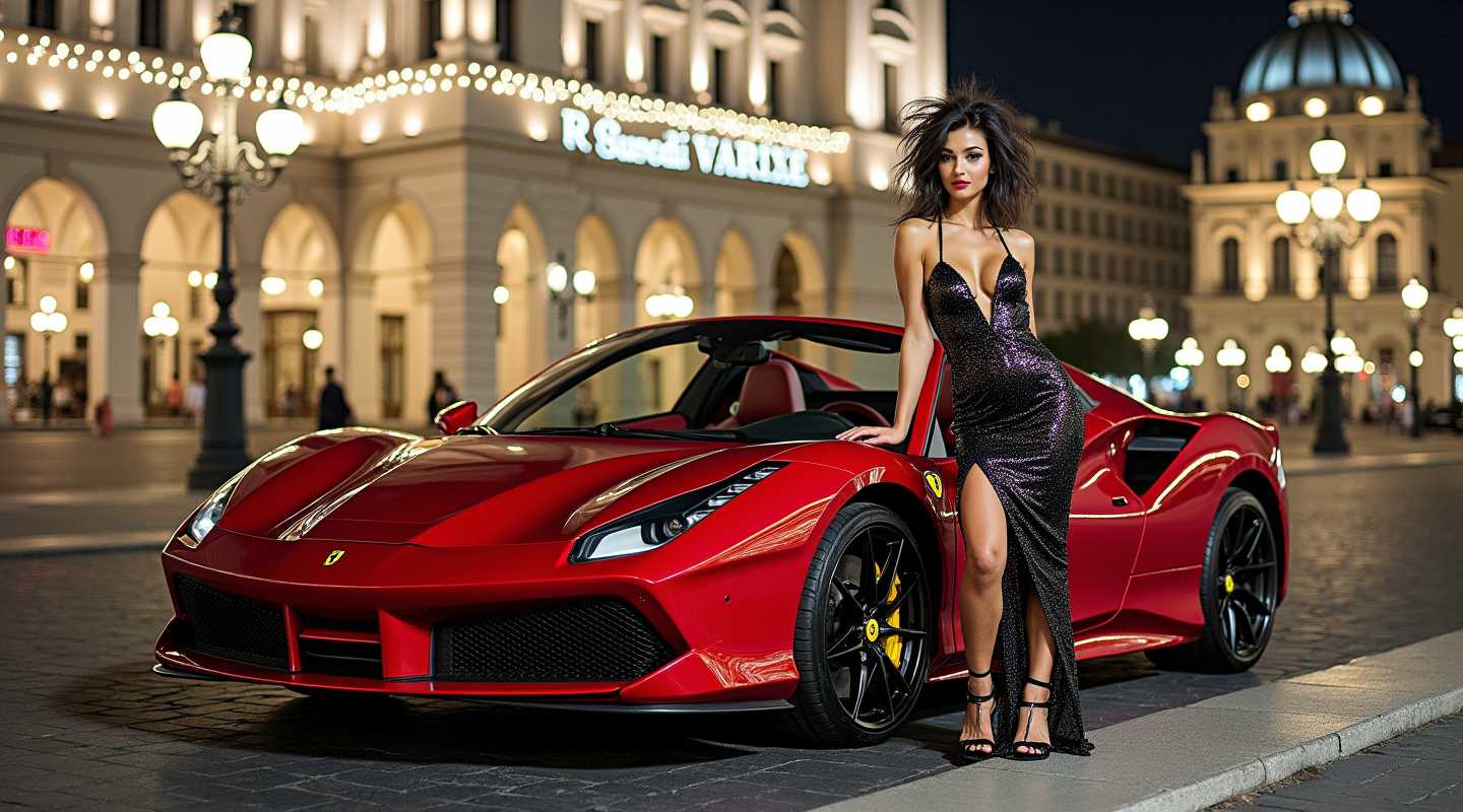 RAW distance (full body) Photo of beautiful skinny young female student in elegant tight and short black party dress with glitter get out of red Ferrari cabriolet , very long messy black hair, slim body, flat chest, slim waist, slim long legs, high heels, intrinsic detailed skin texture, skin pores, light freckles, clear ice blue eyes, detailed iris texture,  soft lightning, Italian city background at night, bokeh, film grain, analog camera, wide angle, 24 mm