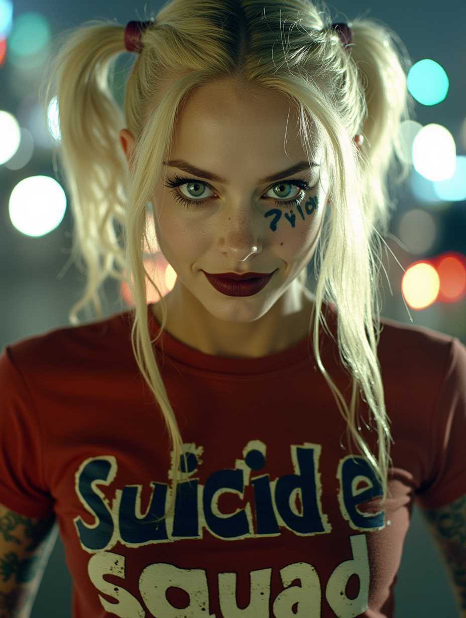 RAW distance (upper body) Photo of young woman in style of Harlekin, blond hair, Harlekin makeup, tattoos, wearing colorful t-shirt with the words "Suicide Squad", slim body, small breast, slim waist,  intrinsic detailed skin texture, skin pores, light freckles, clear ice blue eyes, detailed iris texture, soft lightning, bokeh, film grain, analog camera, 