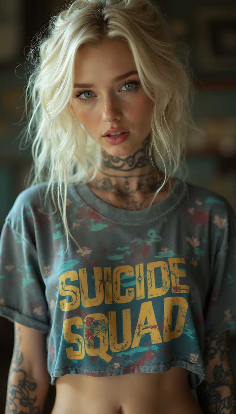 RAW distance (upper body) Photo of young woman in style of Harlekin, blond hair, Harlekin makeup, tattoos, wearing colorful t-shirt with the words "Suicide Squad", slim body, small breast, slim waist,  intrinsic detailed skin texture, skin pores, light freckles, clear ice blue eyes, detailed iris texture, soft lightning, bokeh, film grain, analog camera, 