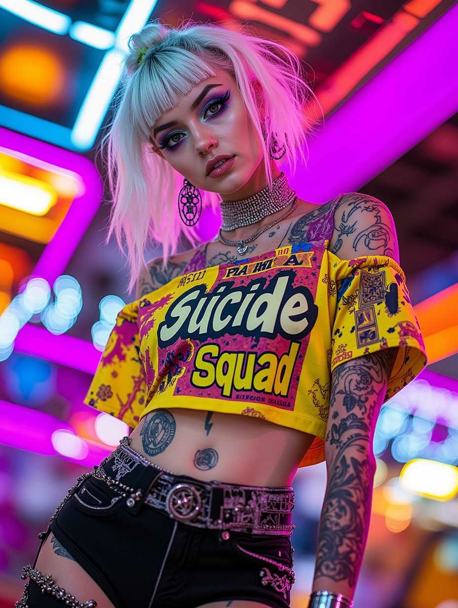 RAW distance (upper body) Photo of young woman in style of Harlekin, blond hair, Harlekin makeup, tattoos, wearing colorful t-shirt with the words "Suicide Squad", slim body, small breast, slim waist,  intrinsic detailed skin texture, skin pores, light freckles, clear ice blue eyes, detailed iris texture, soft lightning, bokeh, film grain, analog camera, 