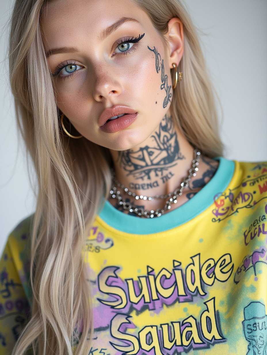 RAW distance (upper body) Photo of young woman in style of Harlekin, blond hair, Harlekin makeup, tattoos, wearing colorful t-shirt with the words "Suicide Squad", slim body, small breast, slim waist,  intrinsic detailed skin texture, skin pores, light freckles, clear ice blue eyes, detailed iris texture, soft lightning, bokeh, film grain, analog camera, 