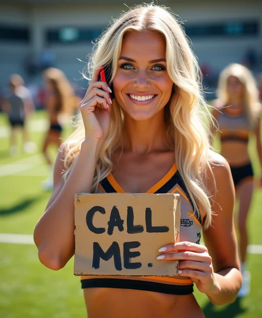 The photograph captures a vibrant, sunlit scene with a blonde college cheerleader as the focal point. Her golden locks cascade in soft waves, framing her face which is adorned with a radiant smile. Her blue eyes sparkle with a playful glint, accentuated by a touch of mascara and eyeliner. She is dressed in a classic cheerleader outfit, the top of which is a snug, sleeveless crop top in the school's colors, revealing a hint of her toned midriff and emphasizing her cleavage. The fabric shimmers slightly under the sunlight, adding a touch of glamour to the scene. In her hands, she holds a cardboard sign, slightly tilted, with the words 'Call Me' scrawled in bold, playful letters. Her left hand is raised to her ear, mimicking a phone gesture, her pinky and thumb extended, adding a whimsical touch to the image. The background is a blur of green, likely a sports field, with hints of other cheerleaders and students, creating a lively, energetic atmosphere.