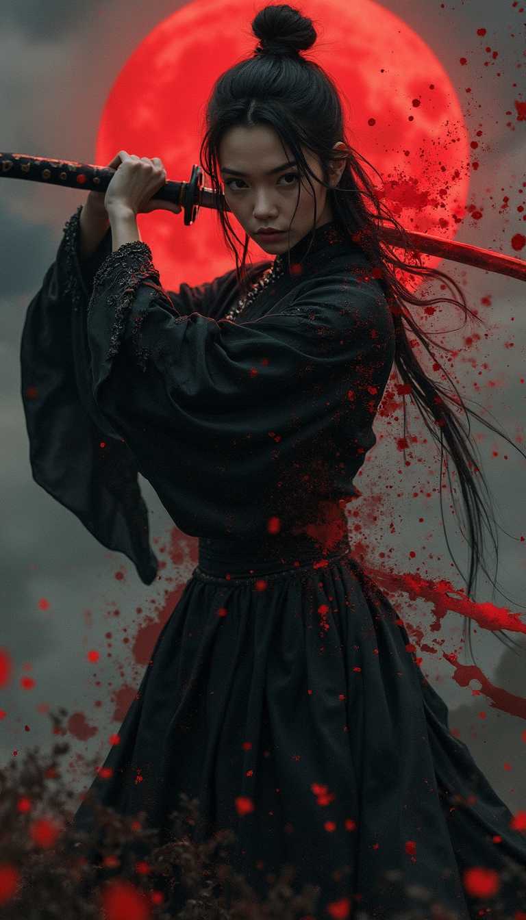 splash art, portrait of oriental swordswoman, clad in black, holding a katana by the hilt with fresh blood on the blade, swinging the katana in an arc, blood splatters exploding from the blade, motion blur on the blade as it swings, red moon, dark clouds, atmospheric, direct gaze, blood splatter, moody, atmospheric, masterpiece