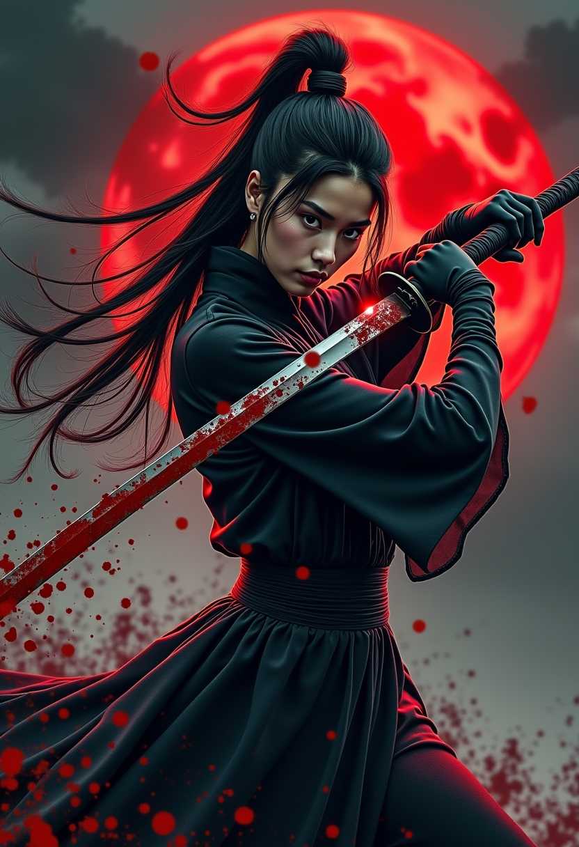splash art, portrait of oriental swordswoman, clad in black, holding a katana by the hilt with fresh blood on the blade, swinging the katana in an arc, blood splatters exploding from the blade, motion blur on the blade as it swings, red moon, dark clouds, atmospheric, direct gaze, blood splatter, moody, atmospheric, masterpiece