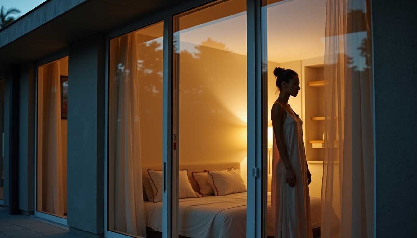 The photograph captures a telephoto closeup from a considerable distance, focusing on the exterior of a mid-century modern building. The structure is characterized by its clean lines, large glass windows, and a minimalist aesthetic. The window in question is a floor-to-ceiling pane, framed by sleek, dark metal. Through the glass, a woman is visible, bathed in the soft, ambient glow of interior lighting. She is wearing a delicate, silk nightgown that drapes elegantly over her form, the fabric catching the light and revealing its smooth, luxurious texture. Her silhouette is partially obscured by the reflection of the outside world on the glass, creating a layered, almost voyeuristic effect. The scene is intimate yet distant, with the telephoto lens compressing the space and bringing the viewer closer to the private moment. The lighting inside the room is warm, casting gentle shadows that accentuate the contours of her figure and the folds of the nightgown. The overall mood of the photograph is one of quiet solitude and introspection, captured with a sense of professional detachment.