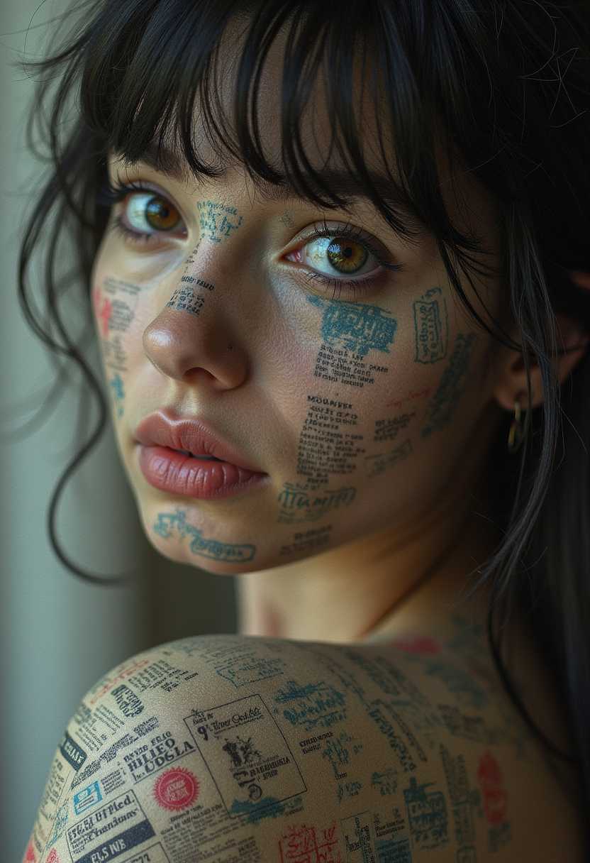 photo of a woman with newspaper print on her skin and black hair