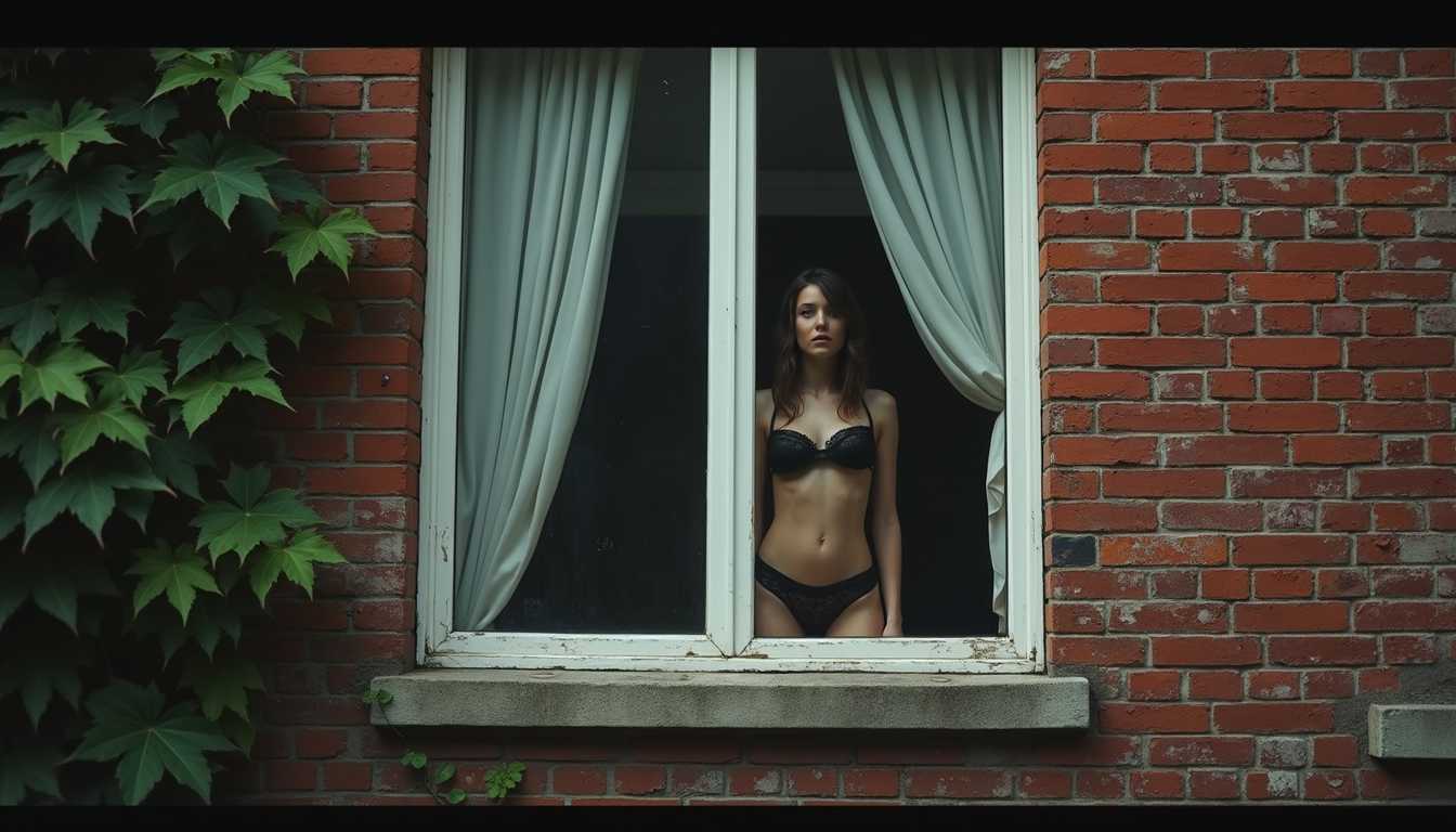 Intimate Moment A Young Woman in Black Lingerie by a Window with Ivy