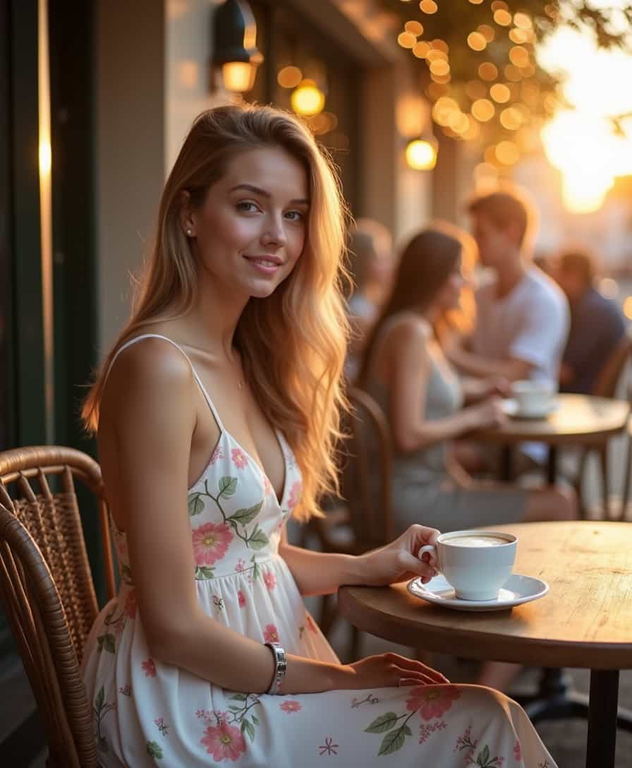 The photograph captures a beautiful, fresh-faced young adult seated outside a quaint café at sunset. She is wearing a light, airy white sundress adorned with a delicate floral pattern. The sundress flows gently around her, accentuating her relaxed posture. The backlighting from the setting sun creates a soft, golden halo around her, casting a warm glow on her skin and illuminating the subtle details of the fabric. She is sipping coffee from a porcelain cup with one hand, her fingers elegantly wrapped around the handle. Her other hand rests casually on her thigh, fingers slightly curled. The café's rustic wooden table and chairs add a charming, vintage touch to the scene. The background features blurred silhouettes of other patrons and the soft bokeh of twinkling fairy lights strung above. The overall atmosphere is serene and intimate, with the golden hour light enhancing the natural beauty of the subject and the setting.