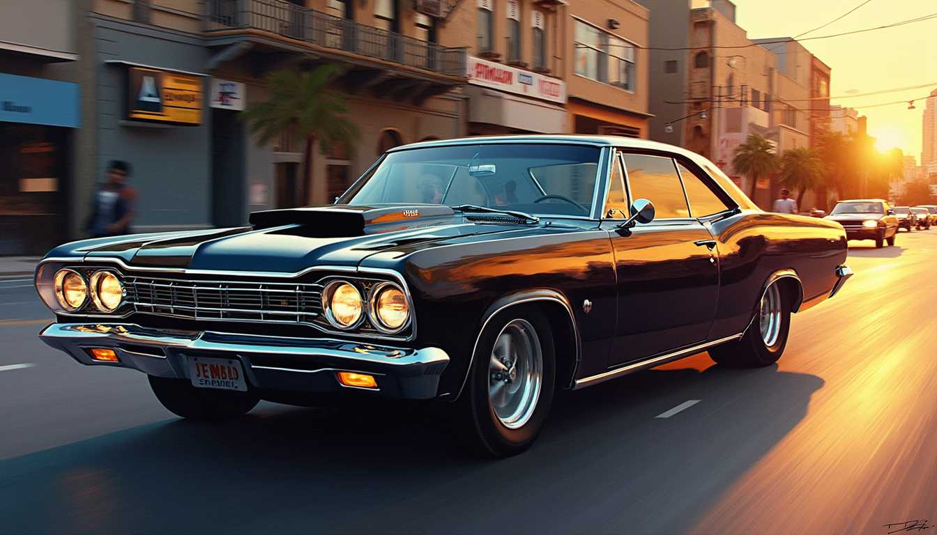 A nostalgically crafted relic of the past, a meticulously restored deep Monochrome pearlescent classic 60's muscle car cruises through the dusk streets with an intimidating elegance. The vintage vehicle gleams with a lustrous sheen, showcasing its aerodynamic lines and sharp accents as it cruises along the asphalt. This evocative scene is captured in a vividly detailed oil painting, where every brushstroke highlights the car's classic styling and pristine condition. Impeccably rendered, this image transports viewers to a bygone era of automotive luxury and style. secretlab