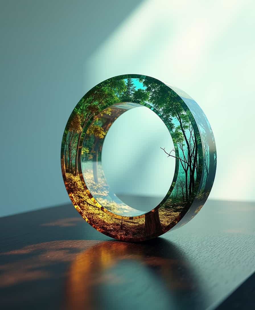 This image is a high-resolution CGI rendering showcasing a highly detailed, ornate ring. The ring is made of a transparent, glass-like material that allows light to pass through, revealing intricate, colorful designs within. The designs depict a serene forest scene with various trees and foliage, rendered in a style reminiscent of stained glass. The colors are vibrant and rich, with hues of green, blue, and gold, creating a sense of depth and dimension within the ring.

The ring itself is circular and smooth, with a polished surface that reflects the surrounding environment. The background is a gradient of soft, light blue and white, with subtle shadows and highlights that enhance the ring's reflection and add depth to the image. The ring rests on a dark, textured surface that appears to be a wooden table or countertop, adding a sense of grounded reality to the otherwise fantastical ring.

The overall style is modern and artistic, blending elements of fantasy and realism, and the detailed craftsmanship suggests a high level of precision and attention to detail. The image is a harmonious blend of natural and artificial elements, creating a visually stunning and immersive experience.