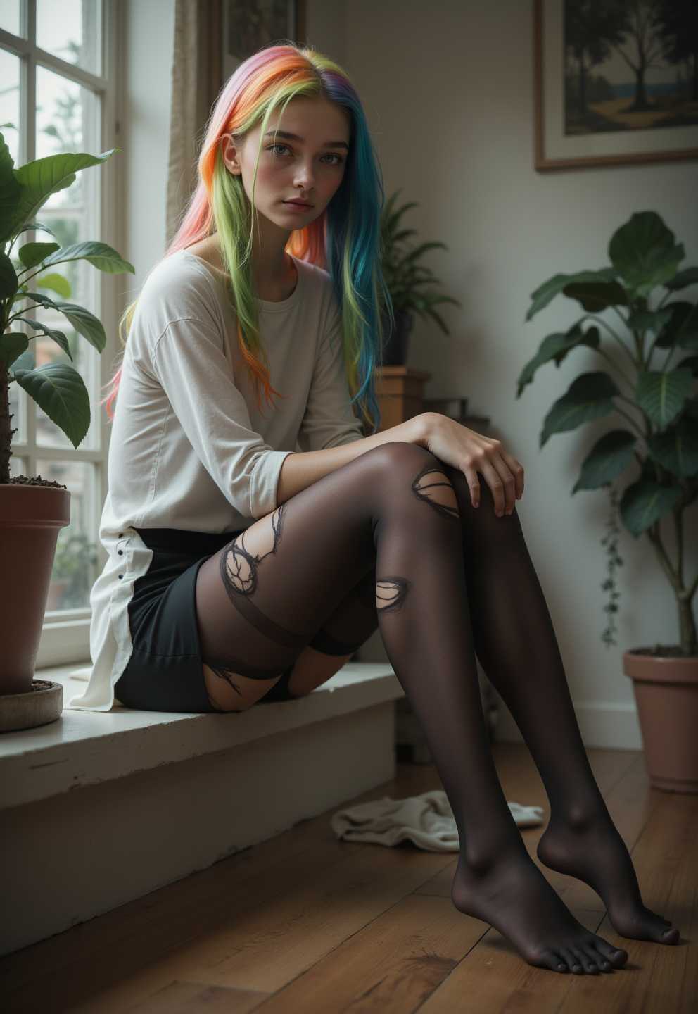 photorealistic, highly detailed, young female teenage girl, slender, innocent, sitting, arms at sides, long rainbow colored hair, opaque pantyhose, no shoes, colorful hair, multicolored hair,  casual clothes, realistic, long legs, potted plants, ripped pantyhose, (no anime, no cartoon, no 3d)