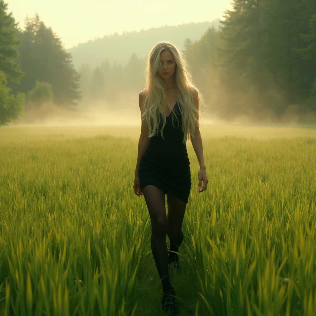 A stunningly beautiful, very slender, very tall woman with exceptionally long, flowing blond hair reaching down to her knees is gracefully moving through a vast, lush field of vibrant green grass. Positioned in the distance, a forest of towering trees provides a rich, contrasting backdrop. The woman is captured in mid-motion, glancing anxiously over her shoulder as if sensing a looming presence behind her. She is elegantly dressed in a sleek, black dress that hugs her figure, paired with black hose and flat, understated black shoes. The scene is bathed in soft, golden sunlight, casting gentle shadows and creating a serene yet tense atmosphere. The early morning mist lingers subtly around her, contributing to the overall sense of suspense. The perspective is slightly low and centered, focusing on the woman while incorporating the expansive field and distant trees, enhancing the depth and scale of the image. The artistic style is reminiscent of a realist painting with a touch of impressionism, capturing both the detailed textures of her attire and the ethereal quality of the landscape.