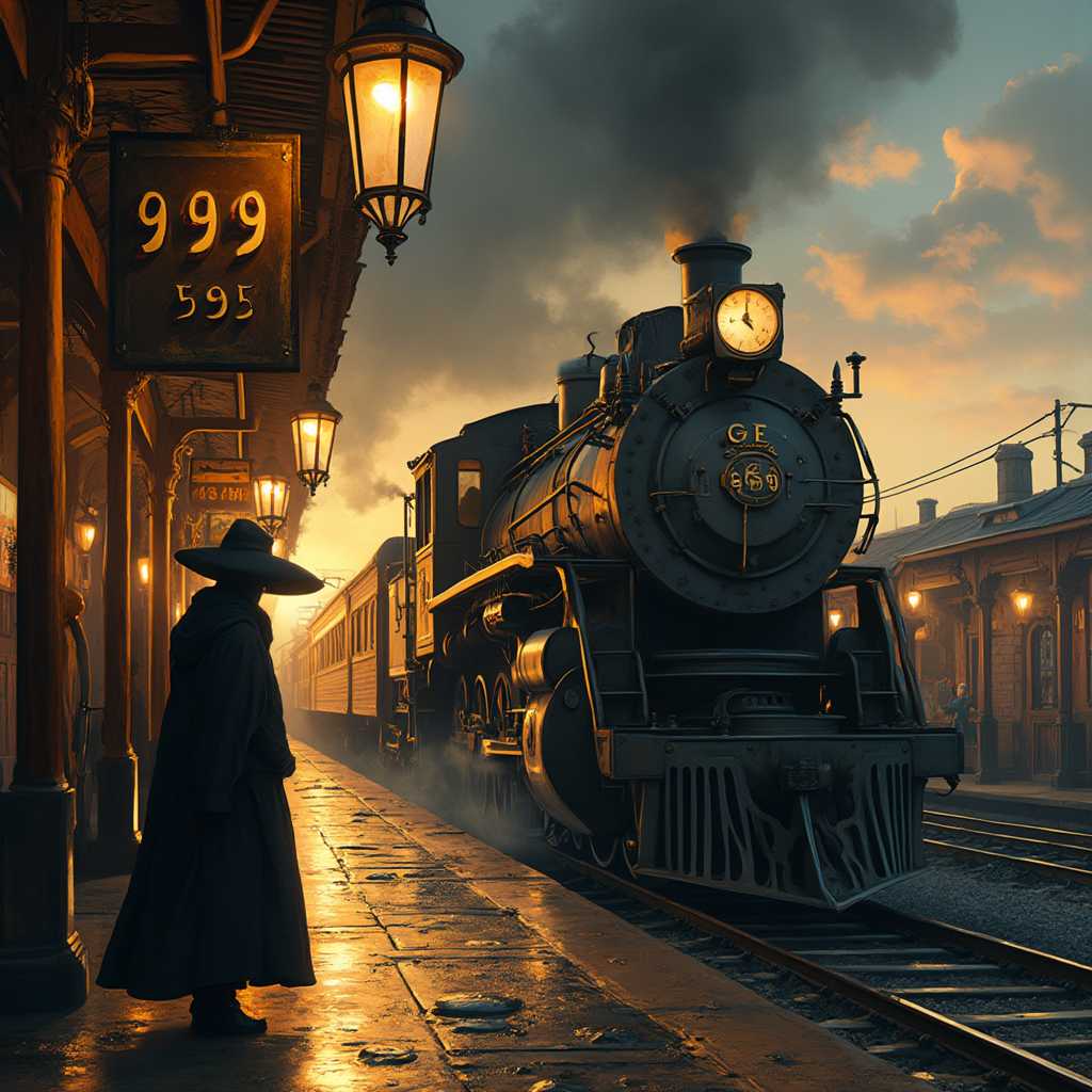 A detailed scene of a steam train pulling into a bustling depot. The train, adorned with gleaming brass details and billowing thick clouds of steam, bears a prominent placard on its front reading "999." A large, weathered sign over the platform also reads "GE 999" in bold, vintage lettering. The platform is illuminated by warm, nostalgic lanterns, casting long shadows and reflecting off the polished metal surfaces. Standing near the edge of the platform is a very short young man, cloaked in a dark, flowing garment and wearing an oversized, wide-brimmed hat that casts a mysterious shadow over his face. The mood is a mix of anticipation and timeless charm, reminiscent of the early 20th century. The atmosphere is filled with a sense of historical romance, with the golden glow of the setting sun creating a serene twilight ambiance, complemented by the cool, crisp evening air. The entire scene is captured from a slightly low camera angle, enhancing the majestic presence of the steam train and the anticipation of the young traveler about to embark on his journey. The style is a blend of vintage realism and historical fiction, with intricate details that bring the past to life.